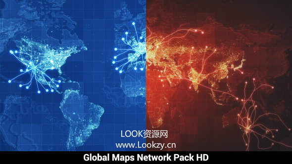 视频素材-地图网络线路连线动画高清视频素材 Pack of 3 Global Maps Network HD