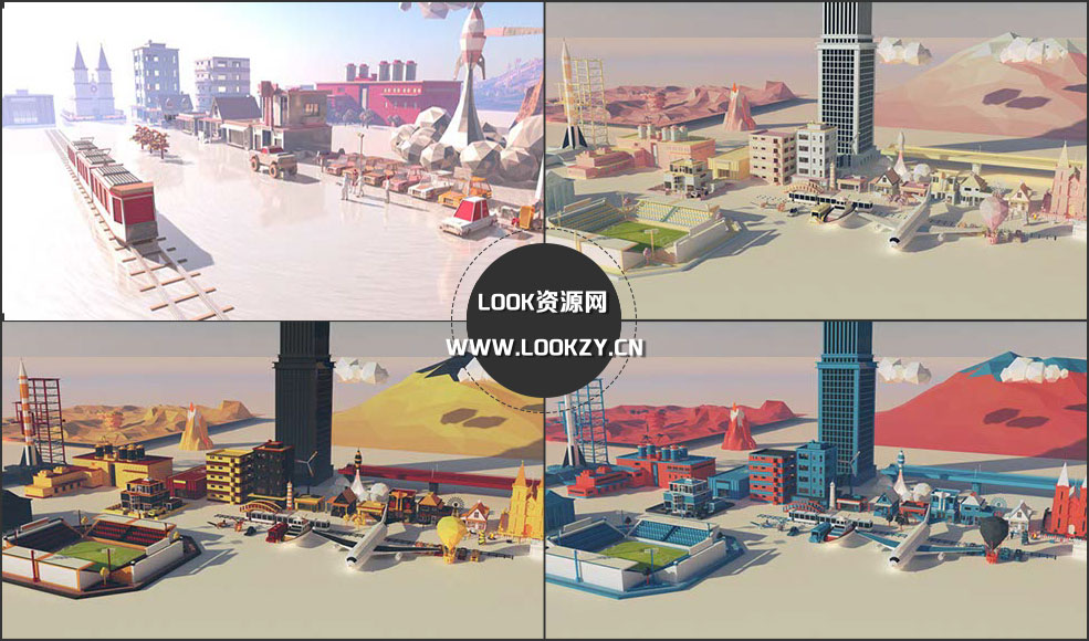 C4D预设-C4D/E3D低多边形模型场景预设 汽车/楼房/飞机/建筑/城市生活