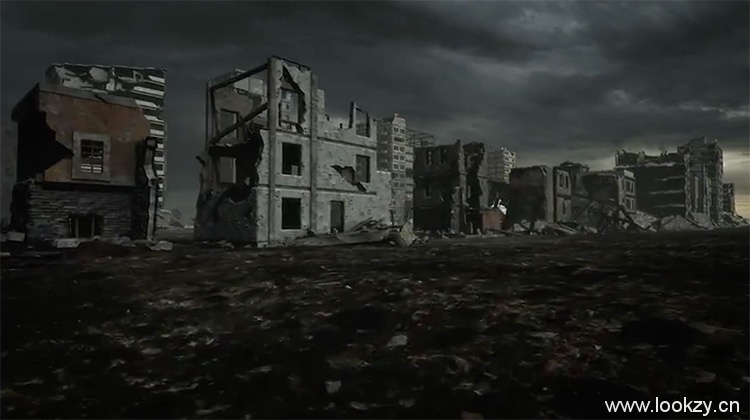 C4D场景-世界末日废墟楼房建筑电影游戏灾难