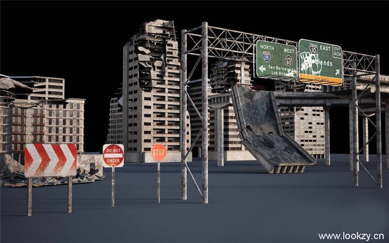 C4D模型-末日战争城市废墟残骸动物战火三维模型合集套装
