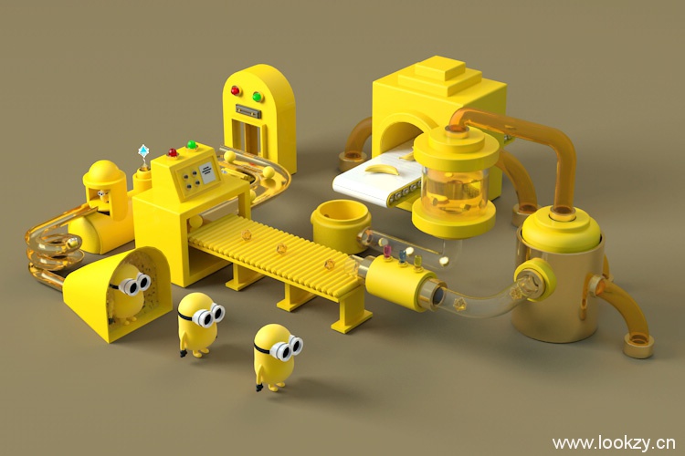 3D模型素材-卡通小黄人生产线场景C4D模型创意场景