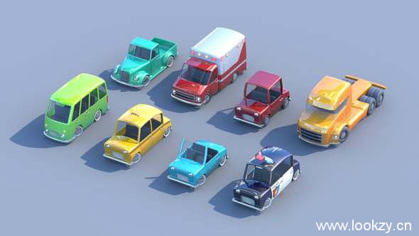 3D模型卡通玩具低多边形汽车警车消防车公交车模型Cubebrush – Toycar Pack